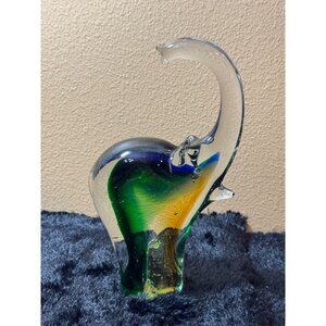 Vintage Glass Elephant Figurine10"  Green & Amber Art Glass Decor